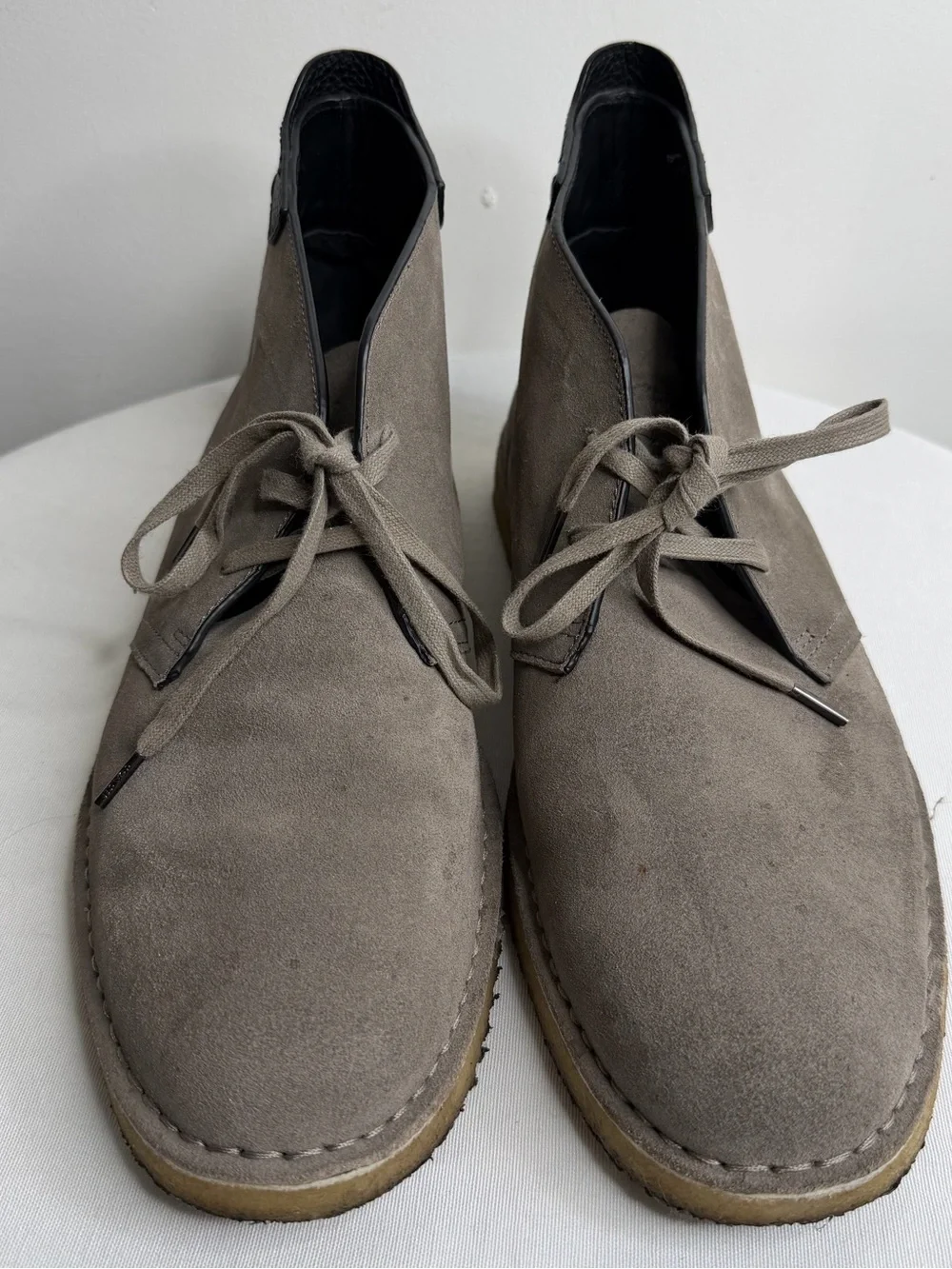 Coach Taupe Suede Chukka Boots with Black Heel Detail